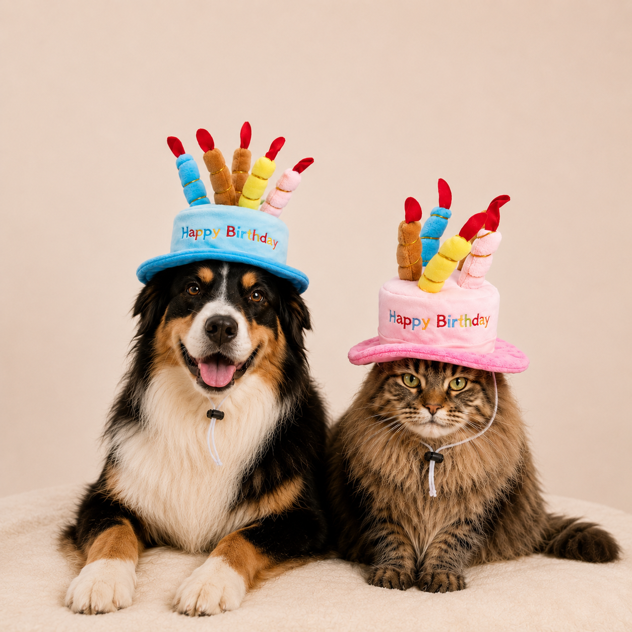 Pet Birthday Hat with Colorful Candles – Adjustable Birthday Costume for Cats & Dogs