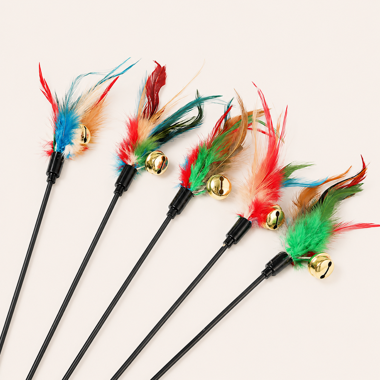 Interactive Cat Rainbow Wand Toy with Feathers & Bell | Colorful Teaser Stick
