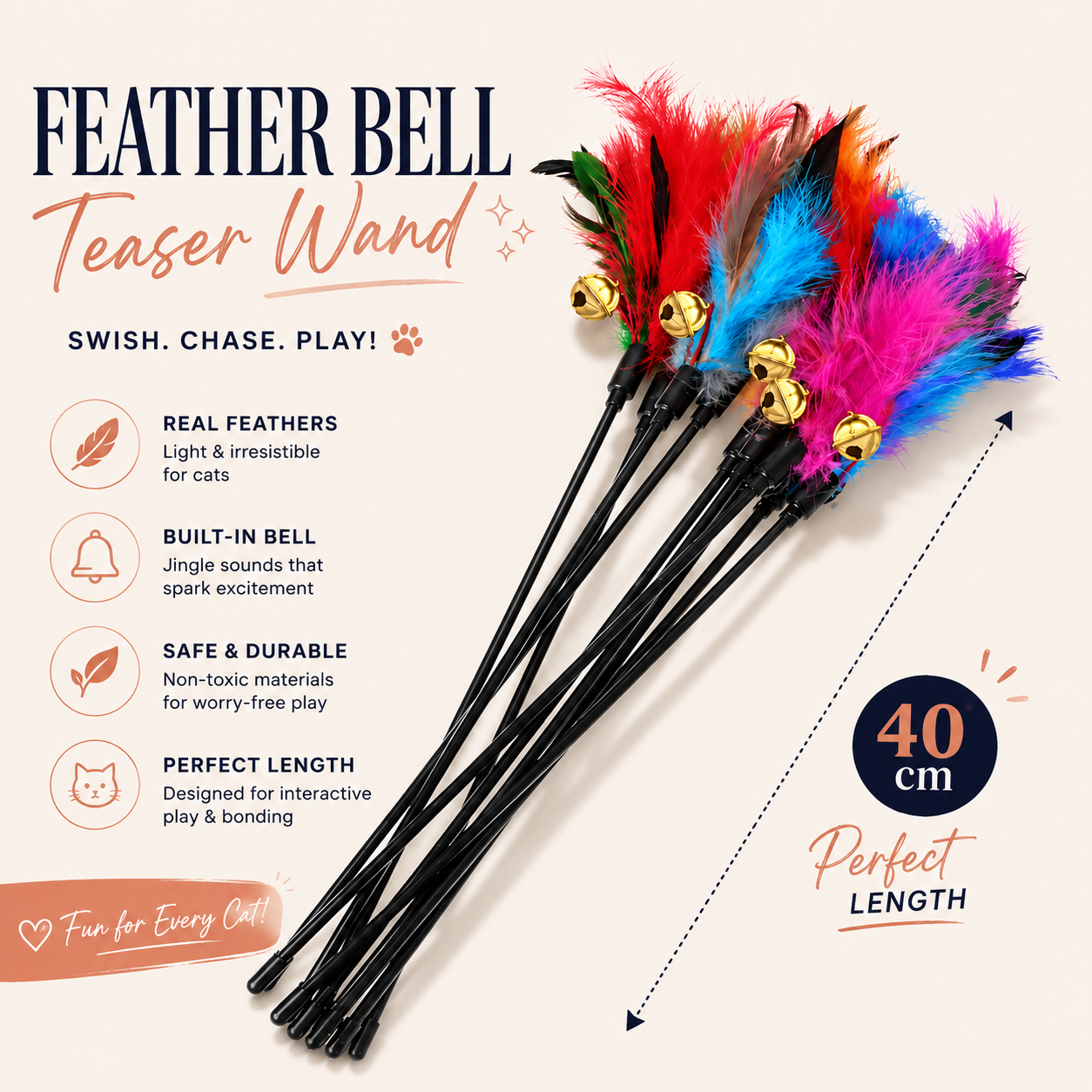 Interactive Cat Rainbow Wand Toy with Feathers & Bell | Colorful Teaser Stick