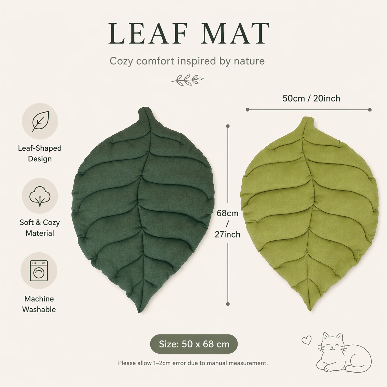 Leaf-Shaped Cat Cushion Bed – Soft Cotton Cozy Pet Mat (Washable, 50x68cm)