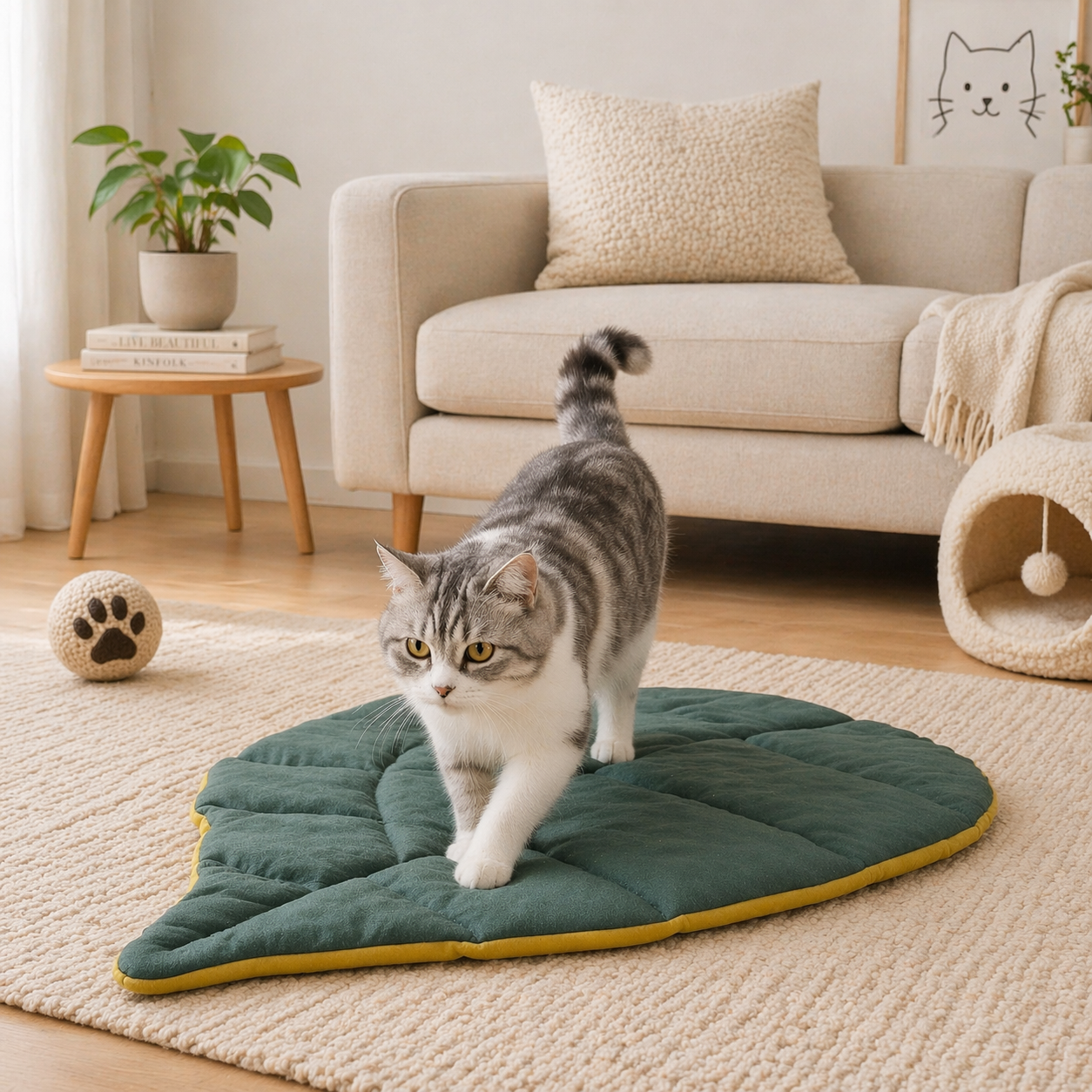 Leaf-Shaped Cat Cushion Bed – Soft Cotton Cozy Pet Mat (Washable, 50x68cm)