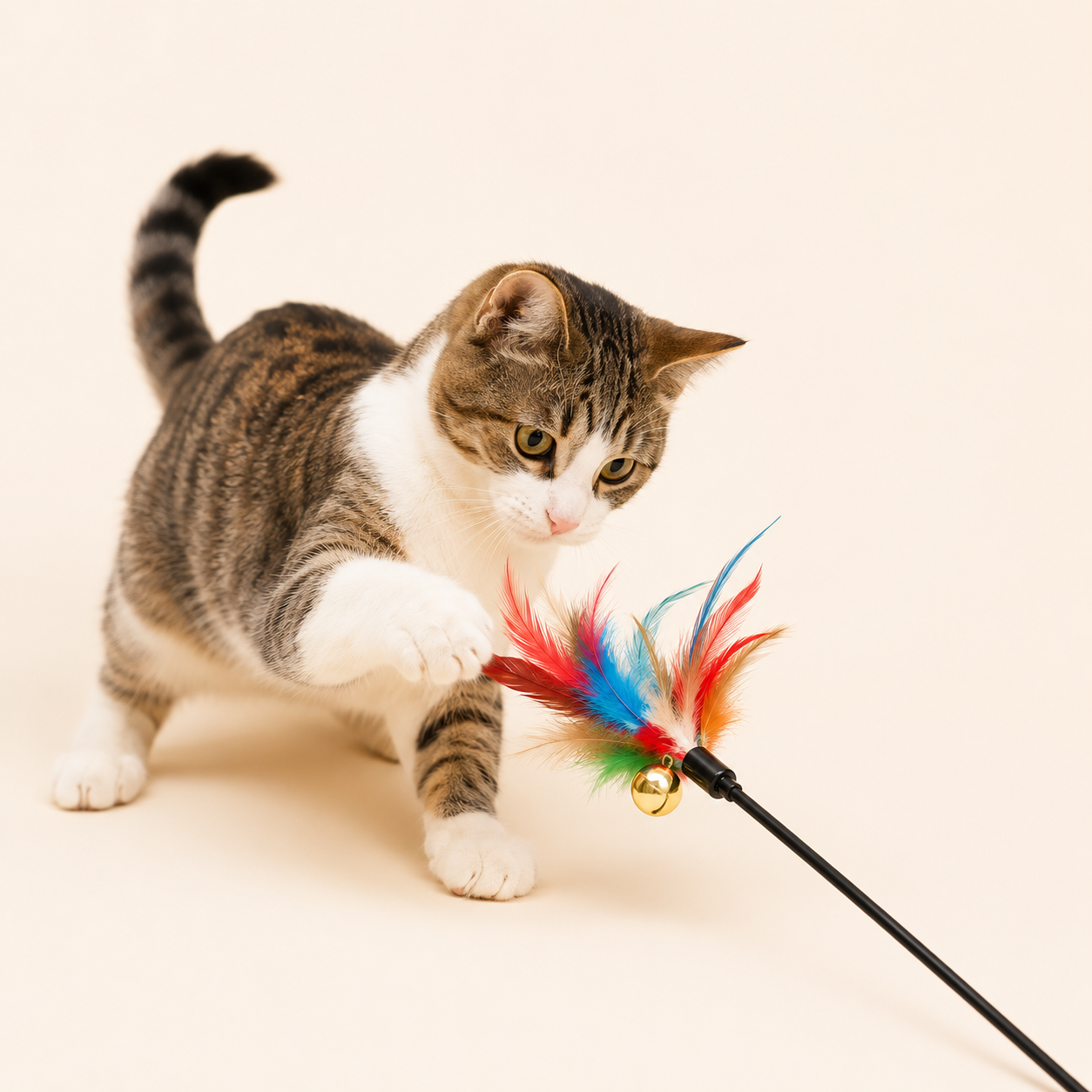 Interactive Cat Rainbow Wand Toy with Feathers & Bell | Colorful Teaser Stick