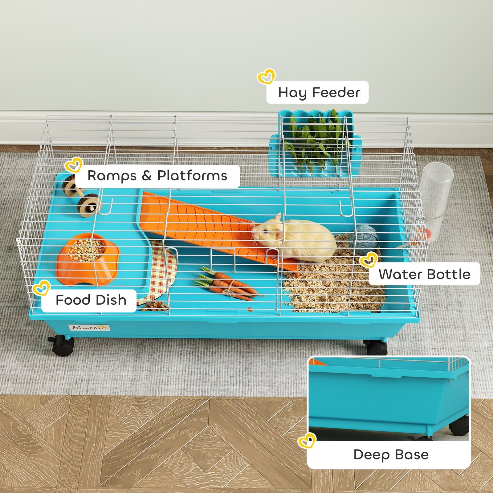 PawHut Small Animal Cage Rabbit Guinea Pigs Chinchillas Cage with Wheels Water Bottle
